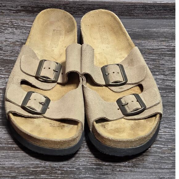 Lands End Women's Tan Leather Double Strap Slip On Comfort Sandal Size 9 - Picture 2 of 6